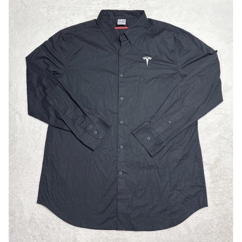 Tesla Shirt Mens XL Black Long Sleeve Button Up Embroidered White Logo